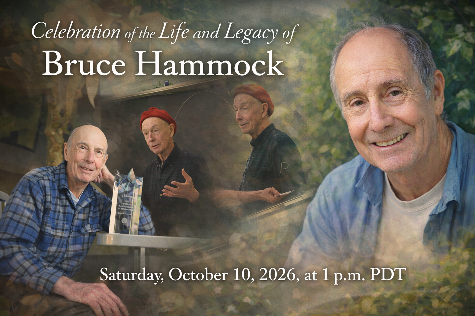 Memorial graphic with three photos of smiling Bruce Hammock over a soft forest background
