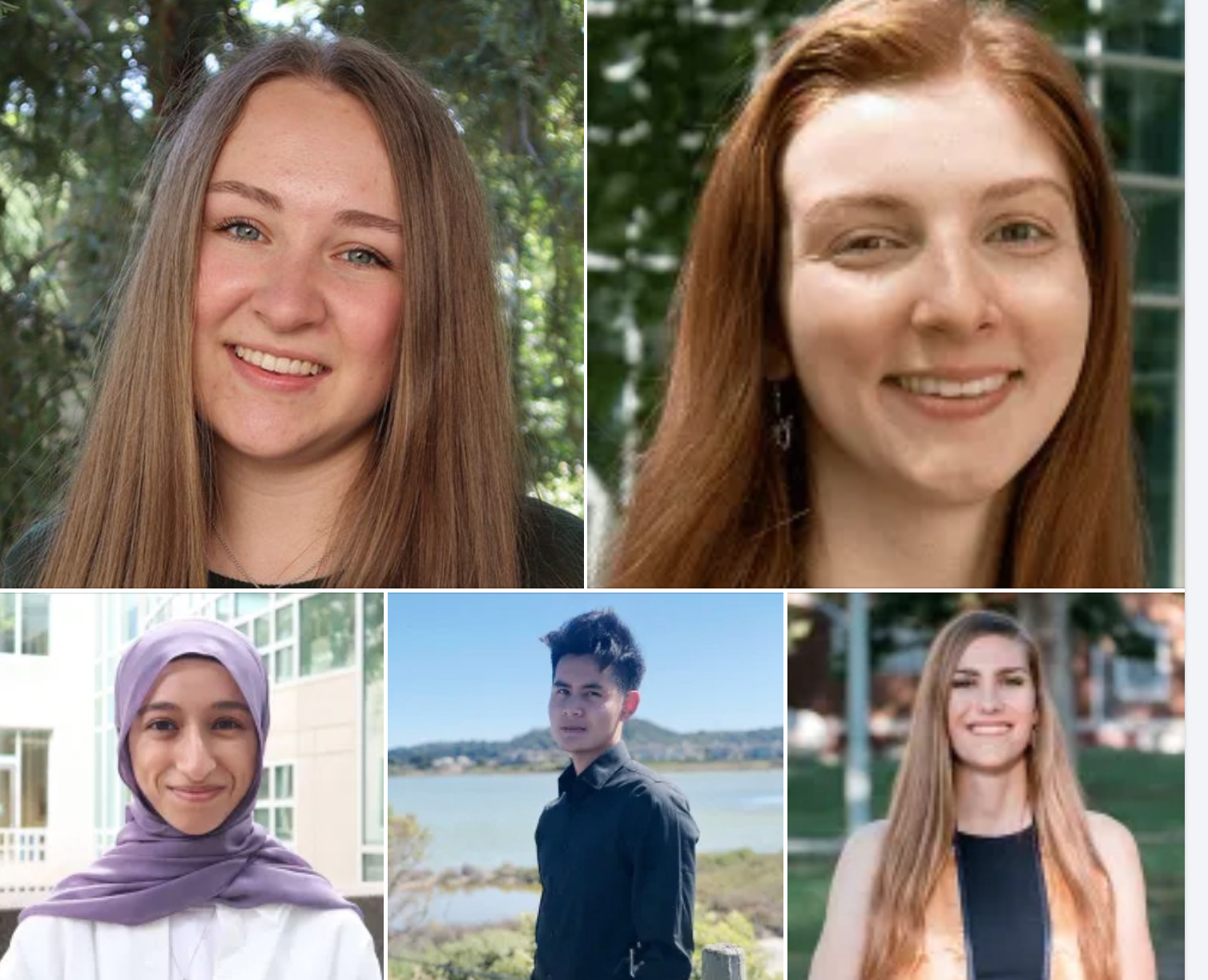 Lang Prize recipients from Carey classes: Top: Rowan Webster, 2024 (left) and Jenna Schafer, 2023. Bottom (from left) Maram Saada, 2022; Barry Nguyen, 2021; and Jessica Macaluso, 2020.