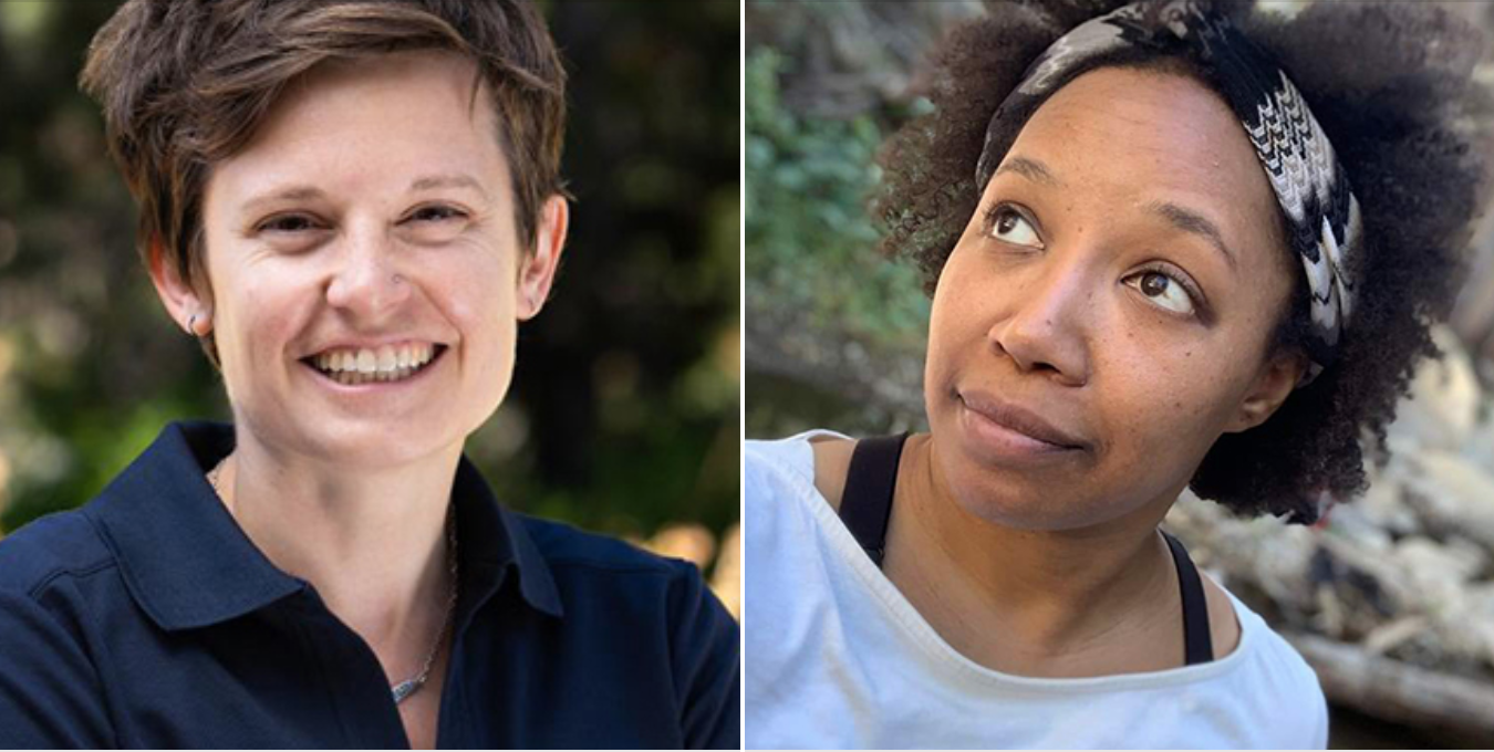 Two outdoor portrait photos: smiling short-haired woman; thoughtful woman wearing a headband.