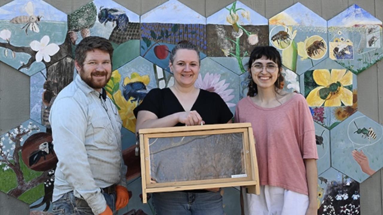 UC Bee Haven team includes (from left) Joseph Tauzer; Elina Nino, director, and Samantha Murray, education and garden coordinator. (Photo by Kathy Keatley Garvey)