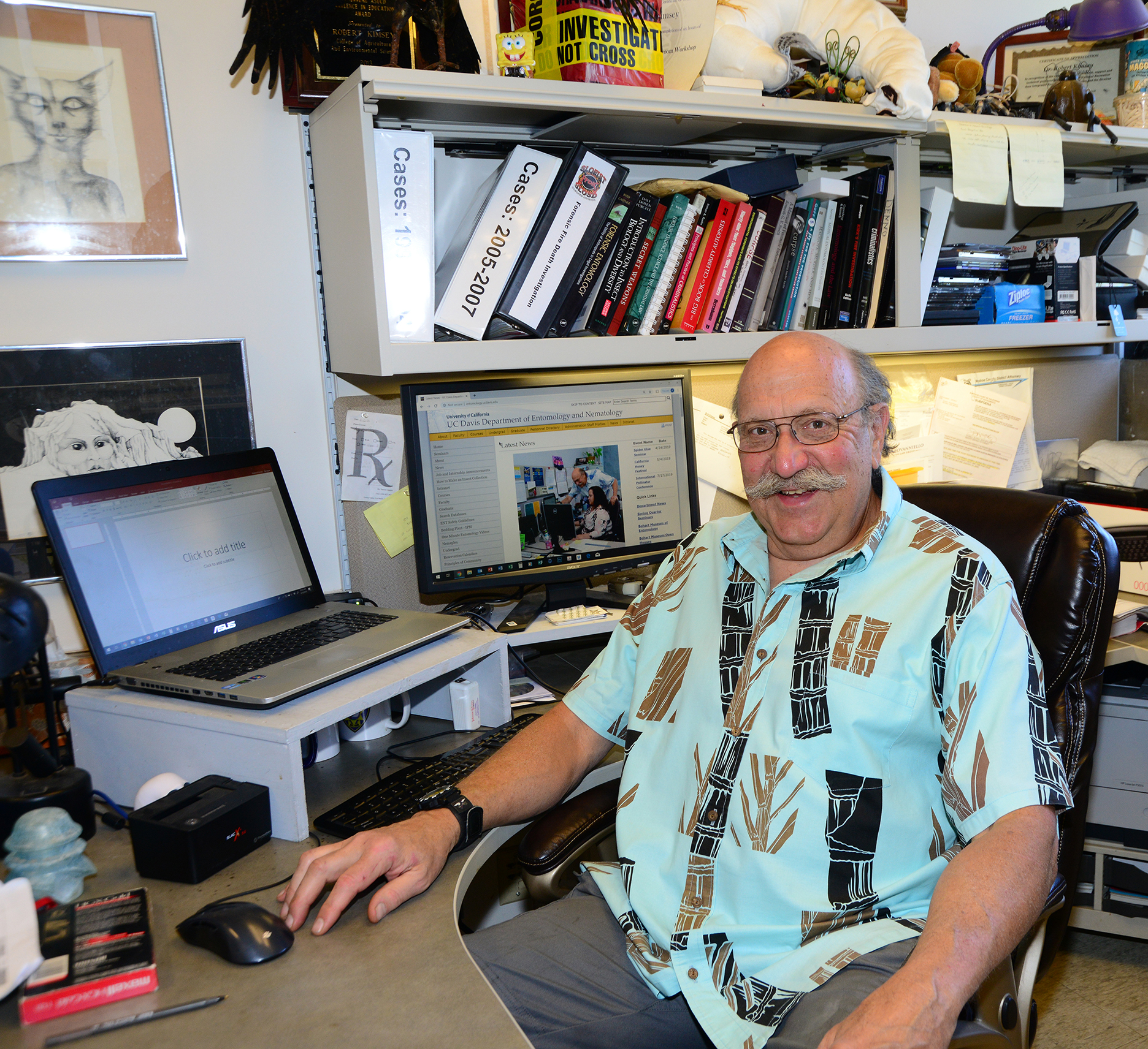 Forensic entomologist Bob Kimsey in his habitat in his Briggs Hall office. (Photo by Kathy Keatley Garvey)