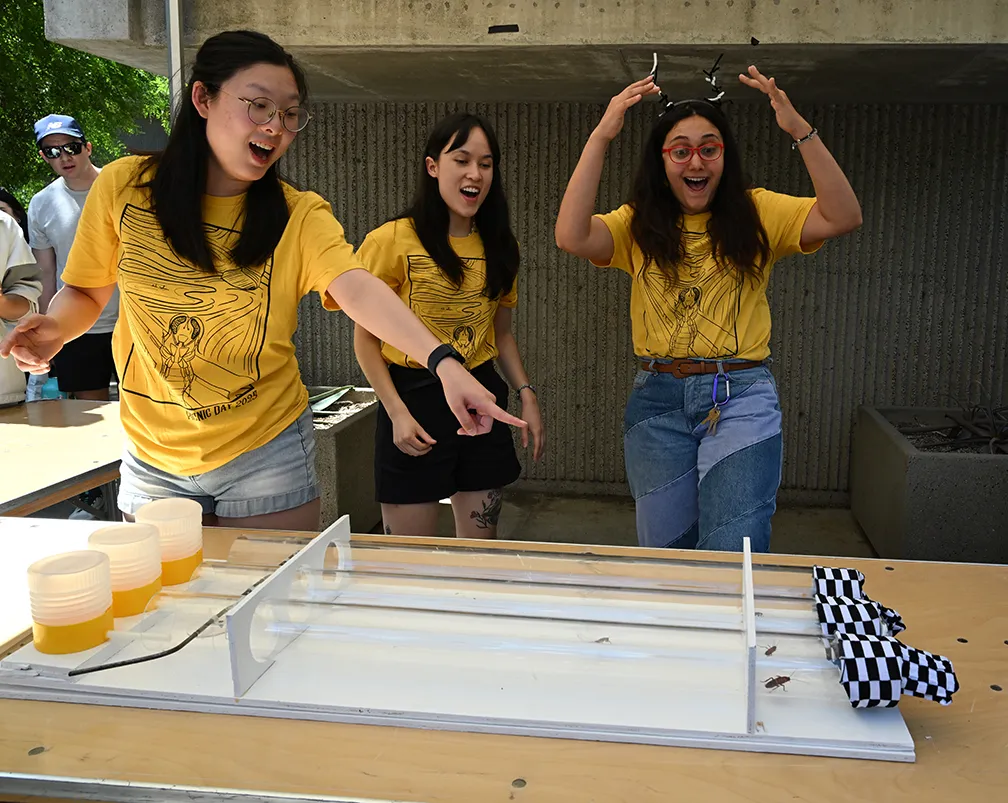 Three excited women in yellow shirts cheering over a tabletop toy car race