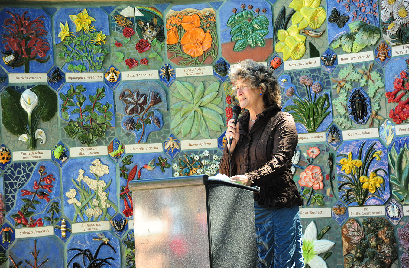 UC Davis Distinguished Professor Emerita Diane Ullman speaking at the dedication of Nature's Gallery on June 6, 2012 in the UC Davis Arboretum and Public Garden.  (Photo by Kathy Keatley Garvey)