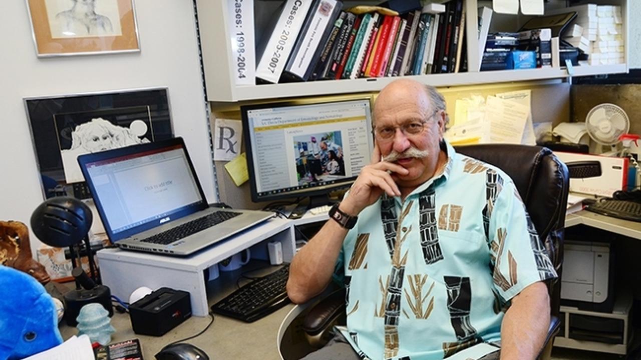 Forensic entomologist Robert Kimsey in his Briggs Hall office. (Photo by Kathy Keatley Garvey)
