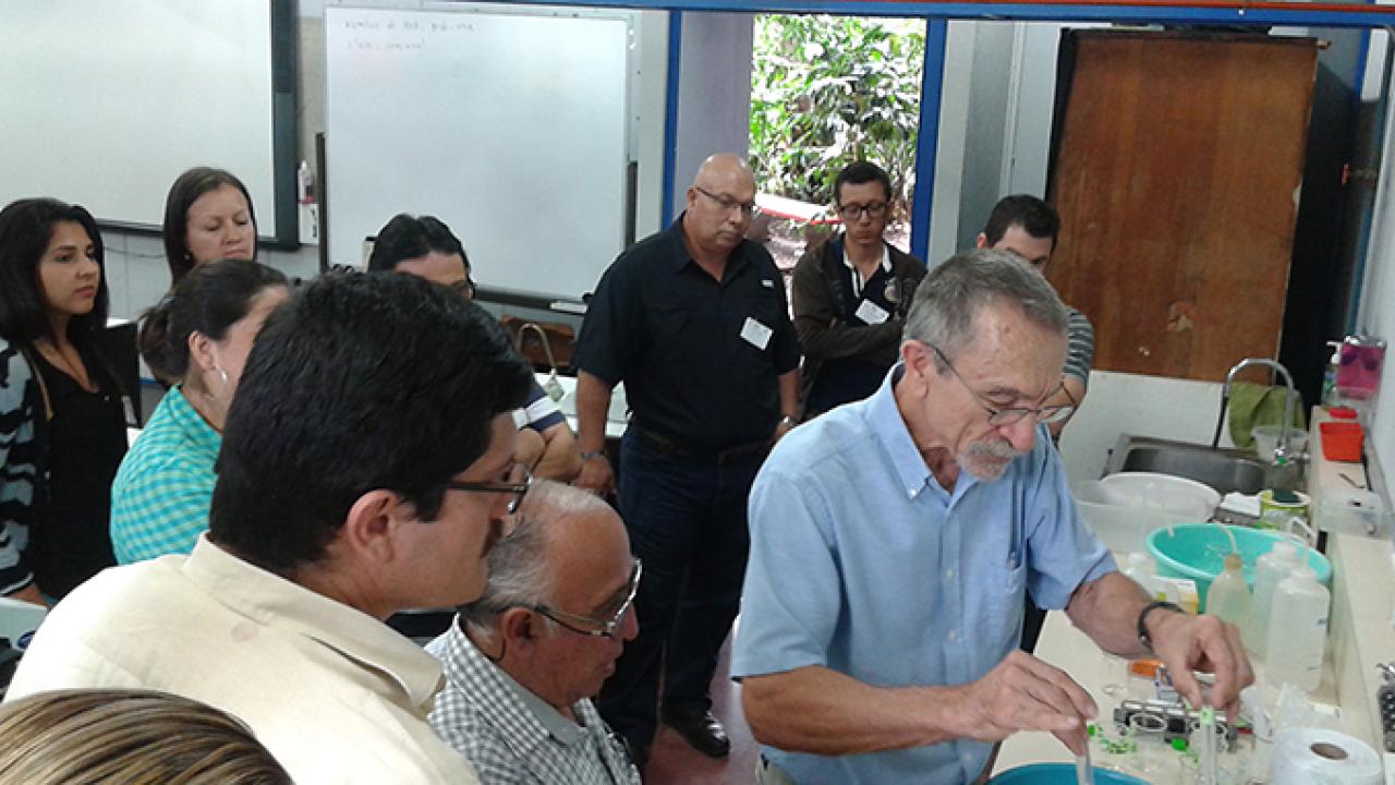 Nematologist Howard Ferris (foreground) giving a short course on nematode ecology and soil health at the Universidad Nacional de Costa Rica in 2015.