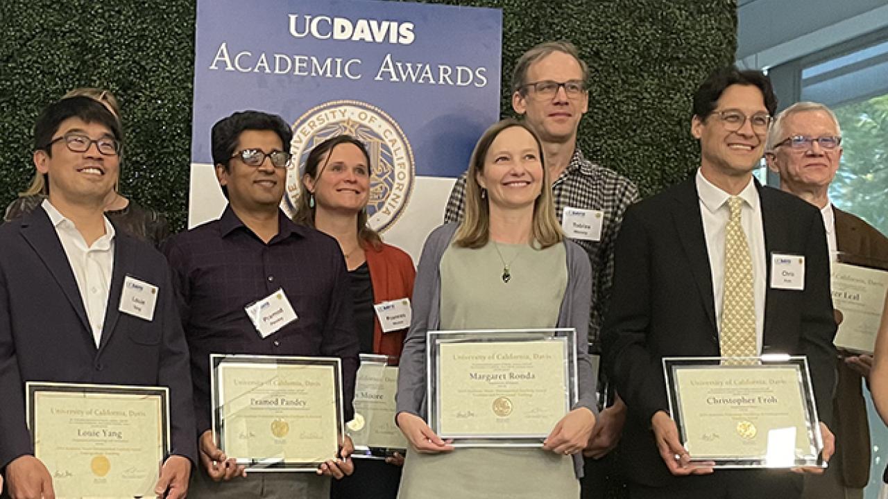 Academic Senate award recipients include Professor Louie Yang (front, far left) and UC Davis distinguished professor Walter Leal (back row, far right)