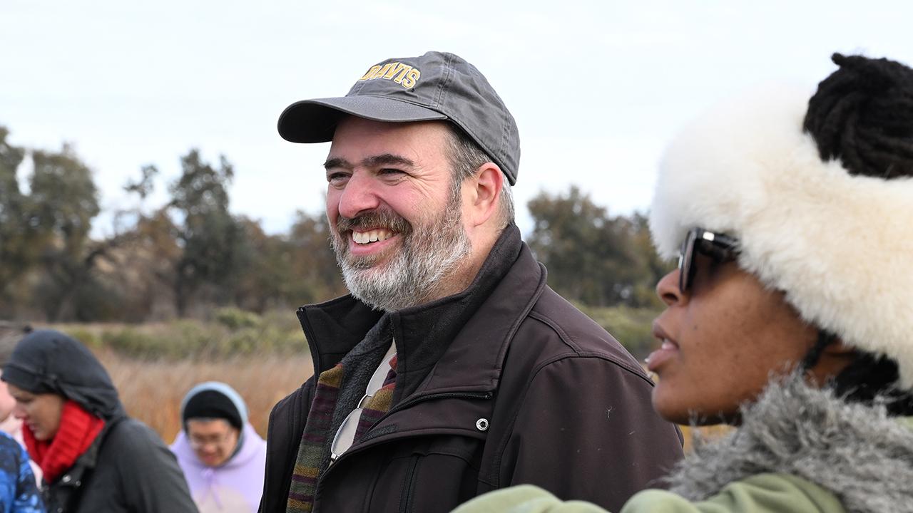 UC Davis entomologist Geoffrey Attardo will lead a workshop, free and family friendly on "Life Begins in Water, A Workshop On Restoring Healthy Wetland Communities," on Saturday, Nov. 15 at Capay Open Space Regional Park. Here he's pictured at a 2024 workshop at the site. (Photo by Kathy Keatley Garvey)