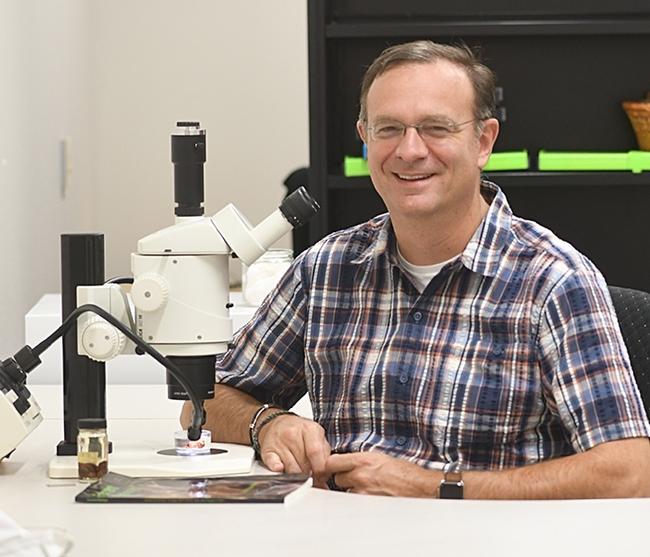 Professor Jason Bond in his lab in 2018. (Photo by Kathy Keatley Garvey)