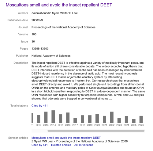 Article: Mosquitoes smell and avoid DEET, article metadata and small bar chart