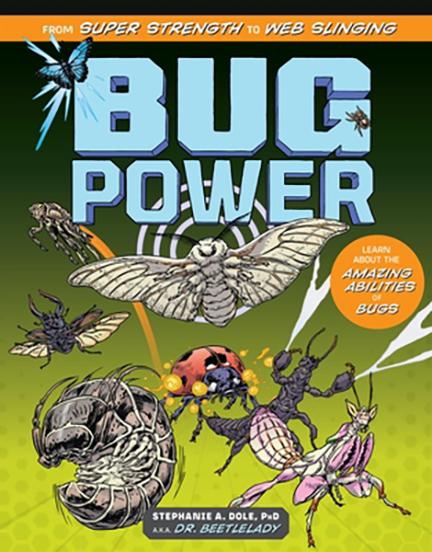 Illustrated book cover of oversized stylized insects—spider, beetle, moth, mantis—on lime green background