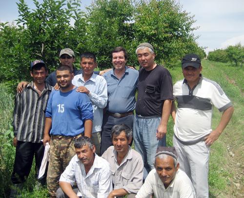 Frank Zalom is pictured with a group of farmers in the Fergana Valley in Uzbekistan in 2012