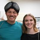 UC Davis doctoral candidates Christofer Brothers, who studies dragonflies, and Emma "Em" Jochim, who studies spiders, will be presenting talks at the Bohart Museum of Entomology open house on Nov. 2. Brothers is wearing a dragonfly Halloween costume from the Bohart Museum Society's pre-Halloween party. (Photo by Kathy Keatley Garvey)